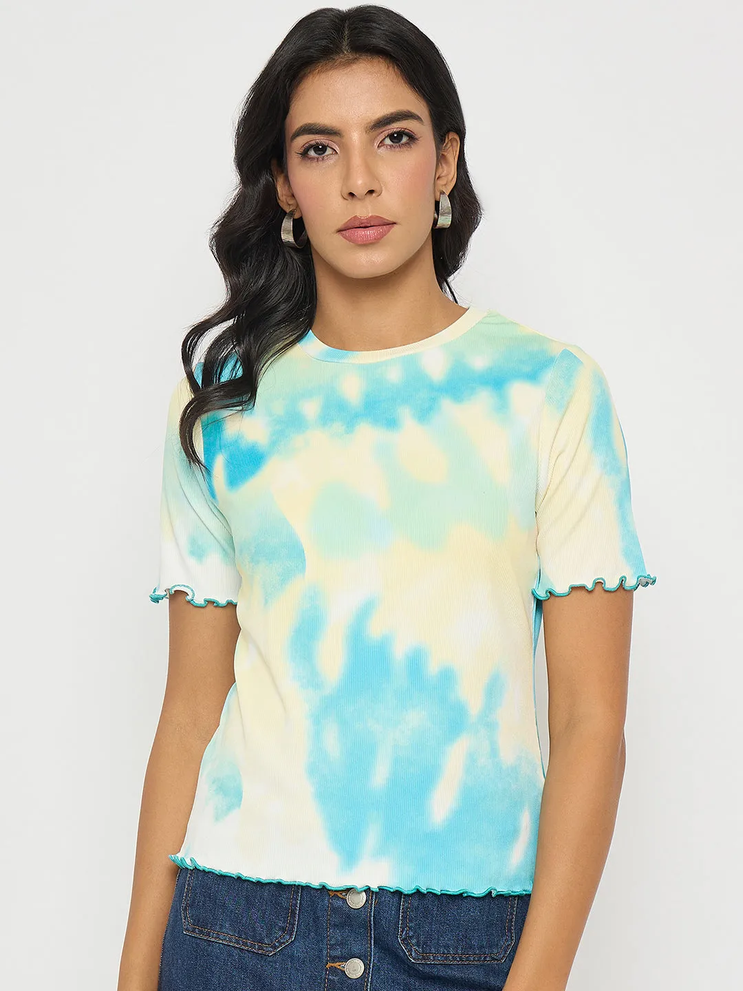 Madame Tie-Dye Lettuce Hem Aqua Blue T-Shirt Active Design