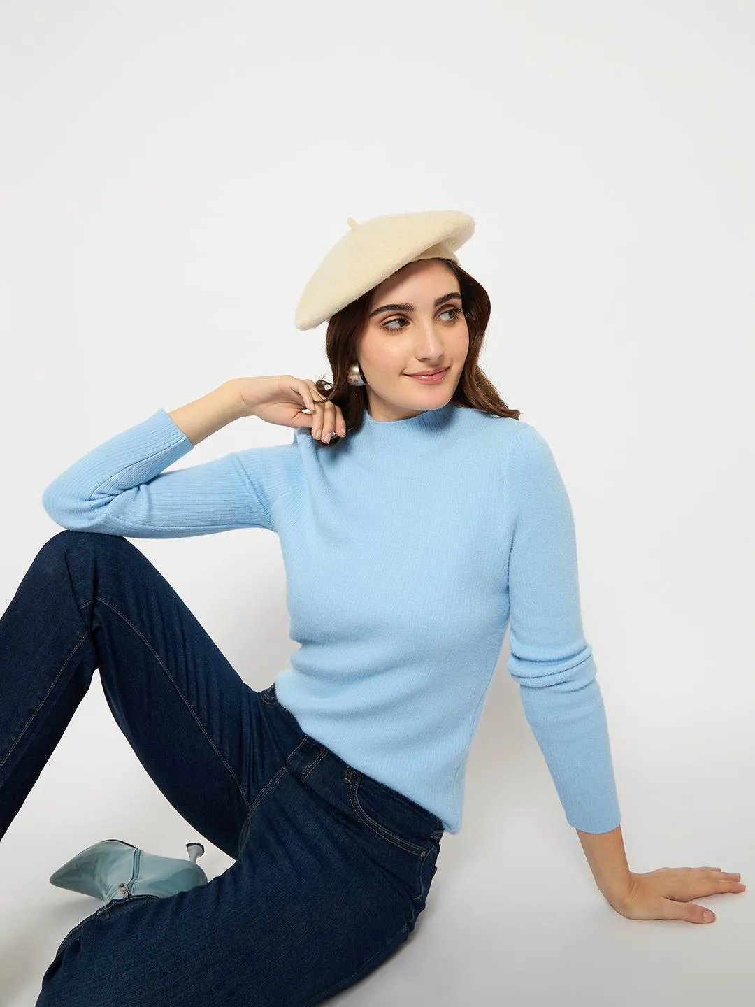 Cold Weather Fashion Madame Turtle Neck Full Sleeve Blue Sweater