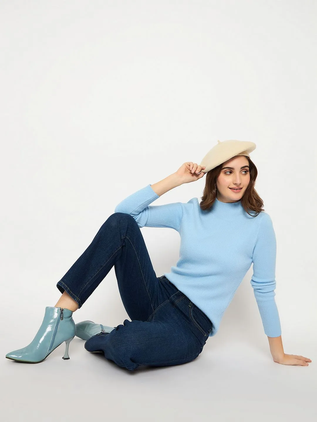 Eco Conscious Manufacturing Cozy Fitting Madame Turtle Neck Full Sleeve Blue Sweater