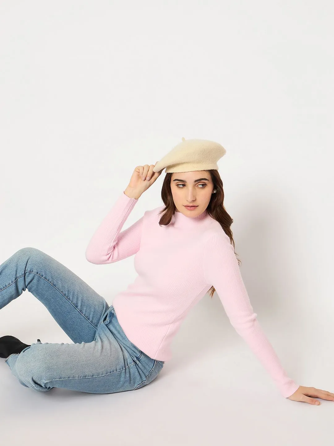 Madame Turtle Neck Full Sleeve Pink Sweater Adjustable drawstring