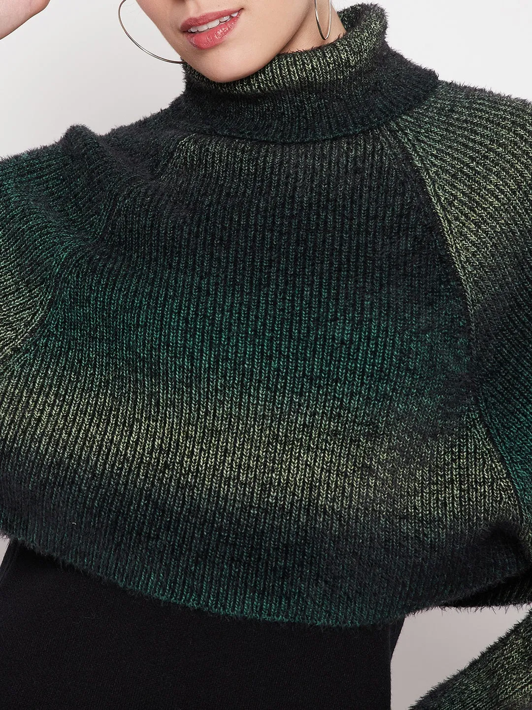 Madame Turtleneck Full Sleeve Gradient Green Sweater Ribbed Hem Detailing Soft and Elegant