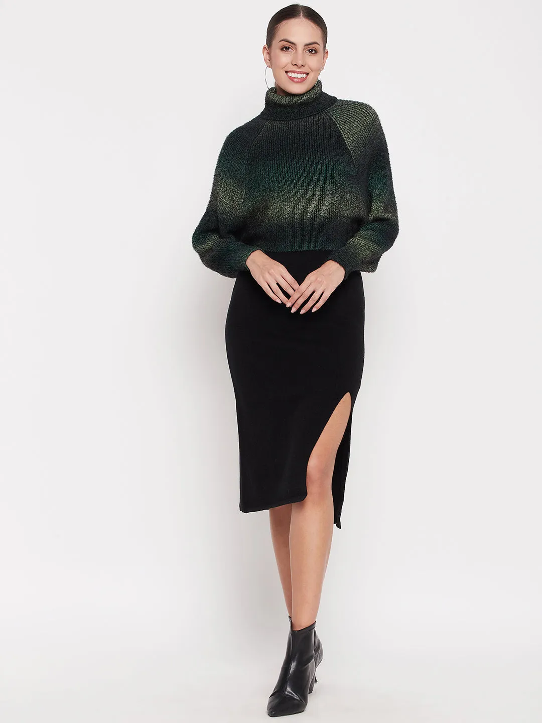 Madame Turtleneck Full Sleeve Gradient Green Sweater Breathable mesh lining Casual Ease