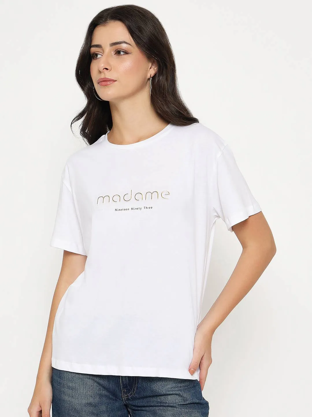 Sleek Design Fit Smooth Look Madame Tyopgraphy Print White Cotton T-shirt