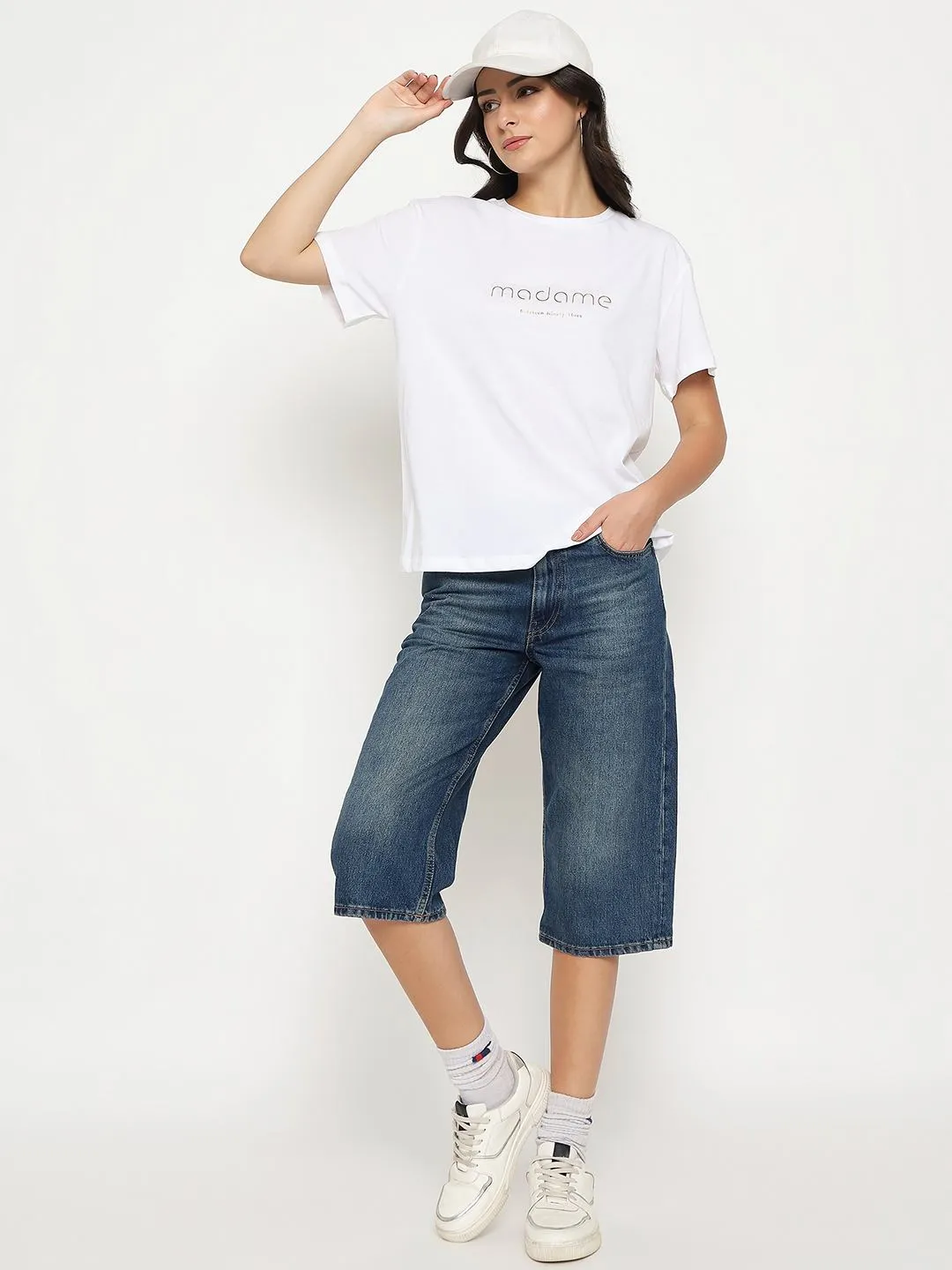 Seasonal Comfort Performance Stretch Madame Tyopgraphy Print White Cotton T-shirt