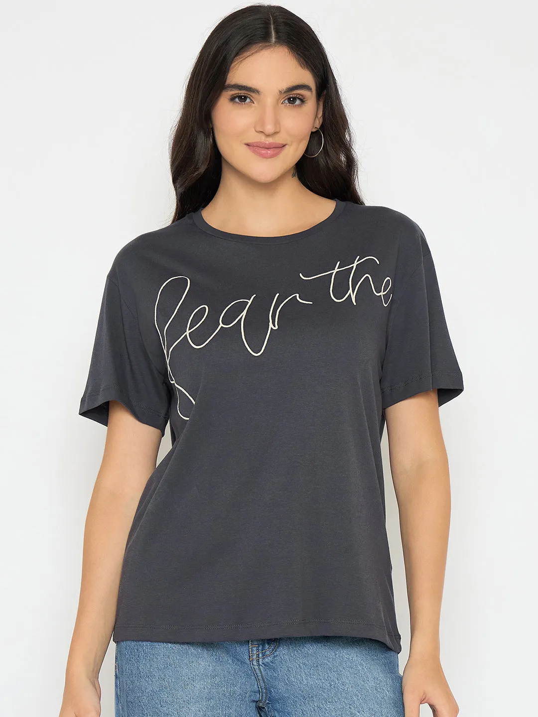 Layering Must-Have Madame Typography Print Charcoal Black Cotton T-shirt