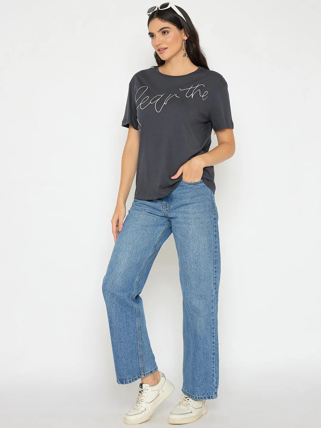 Madame Typography Print Charcoal Black Cotton T-shirt Perfect for Outdoors