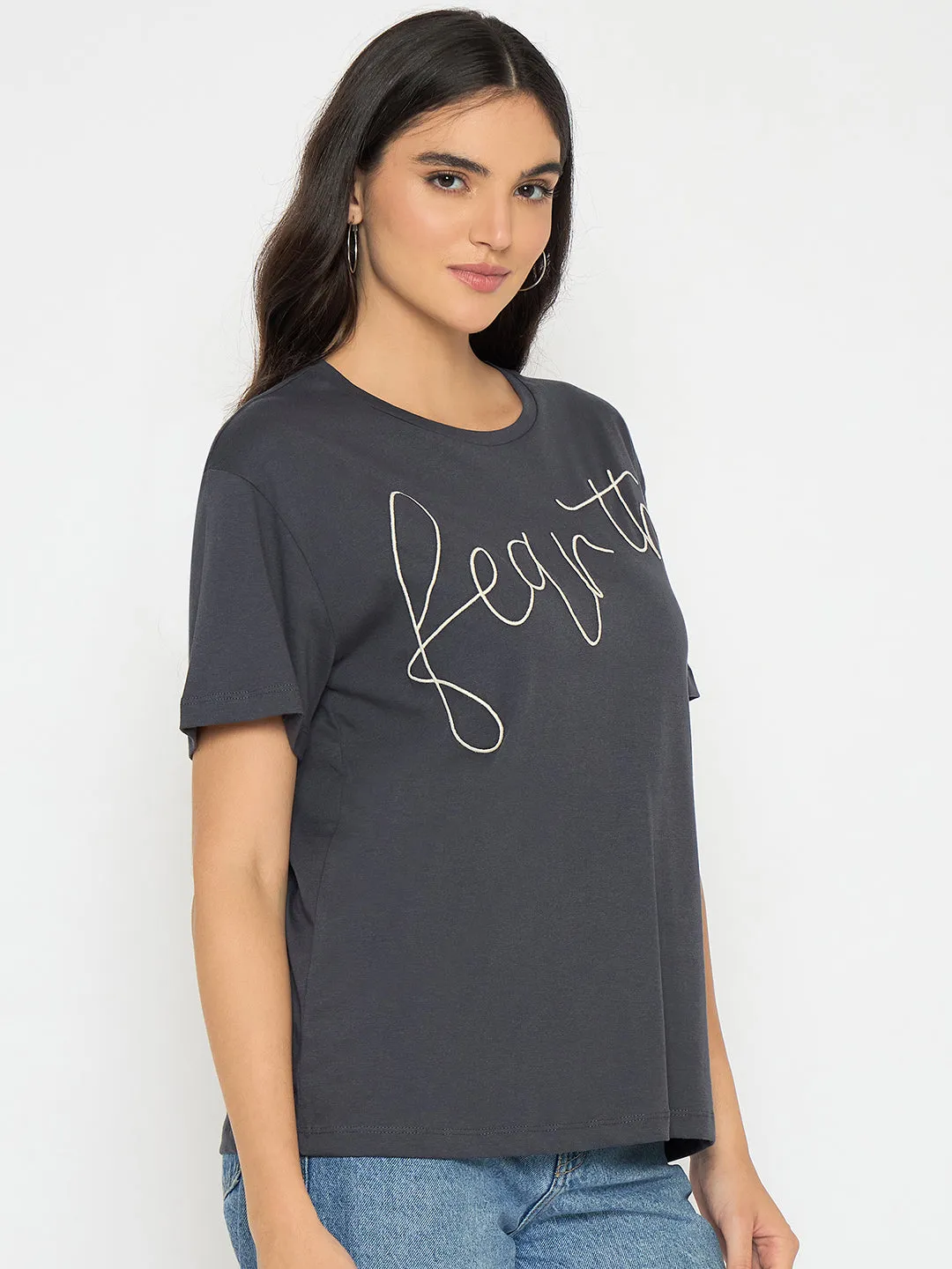 Madame Typography Print Charcoal Black Cotton T-shirt Vintage Wash UVProtectionFinish