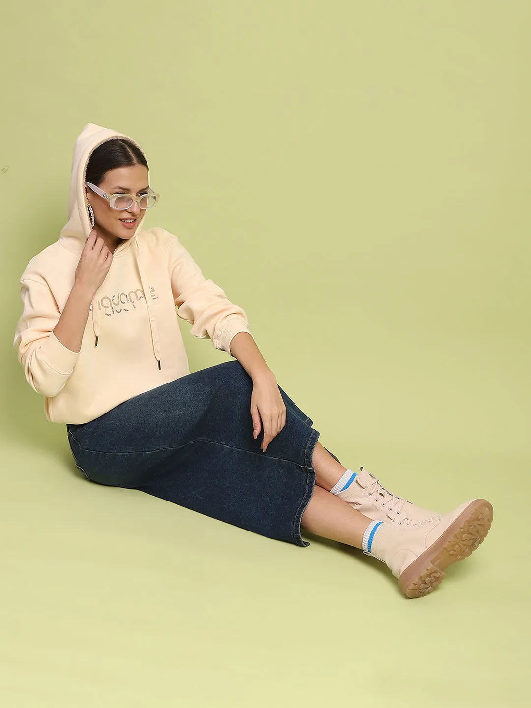 Earthy Tones Fresh Fit Madame Typography Print Hooded Beige Cotton Sweatshirt