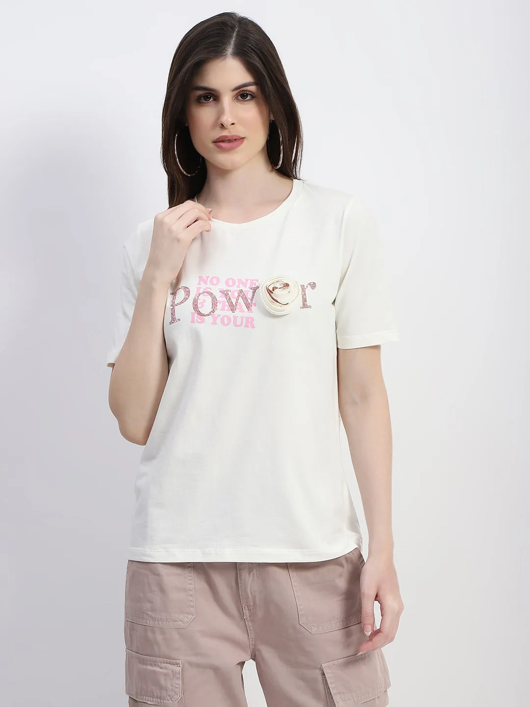 Soft and breathable thermal Madame Typography Print Off White Cotton T-Shirt