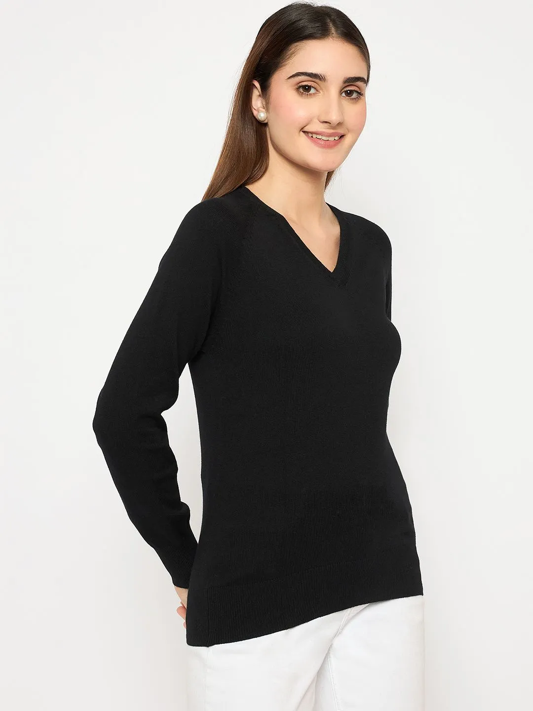 Thermal Lining Quick drying material Madame V Neck Skinny Fit Black Sweater