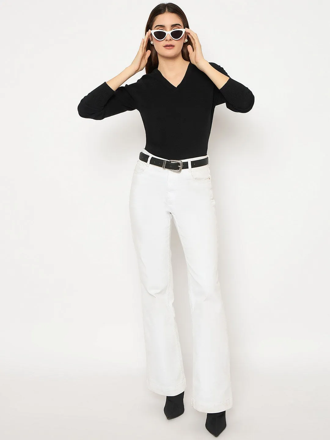 Madame V Neck Skinny Fit Black Sweater Stretch Comfort Design