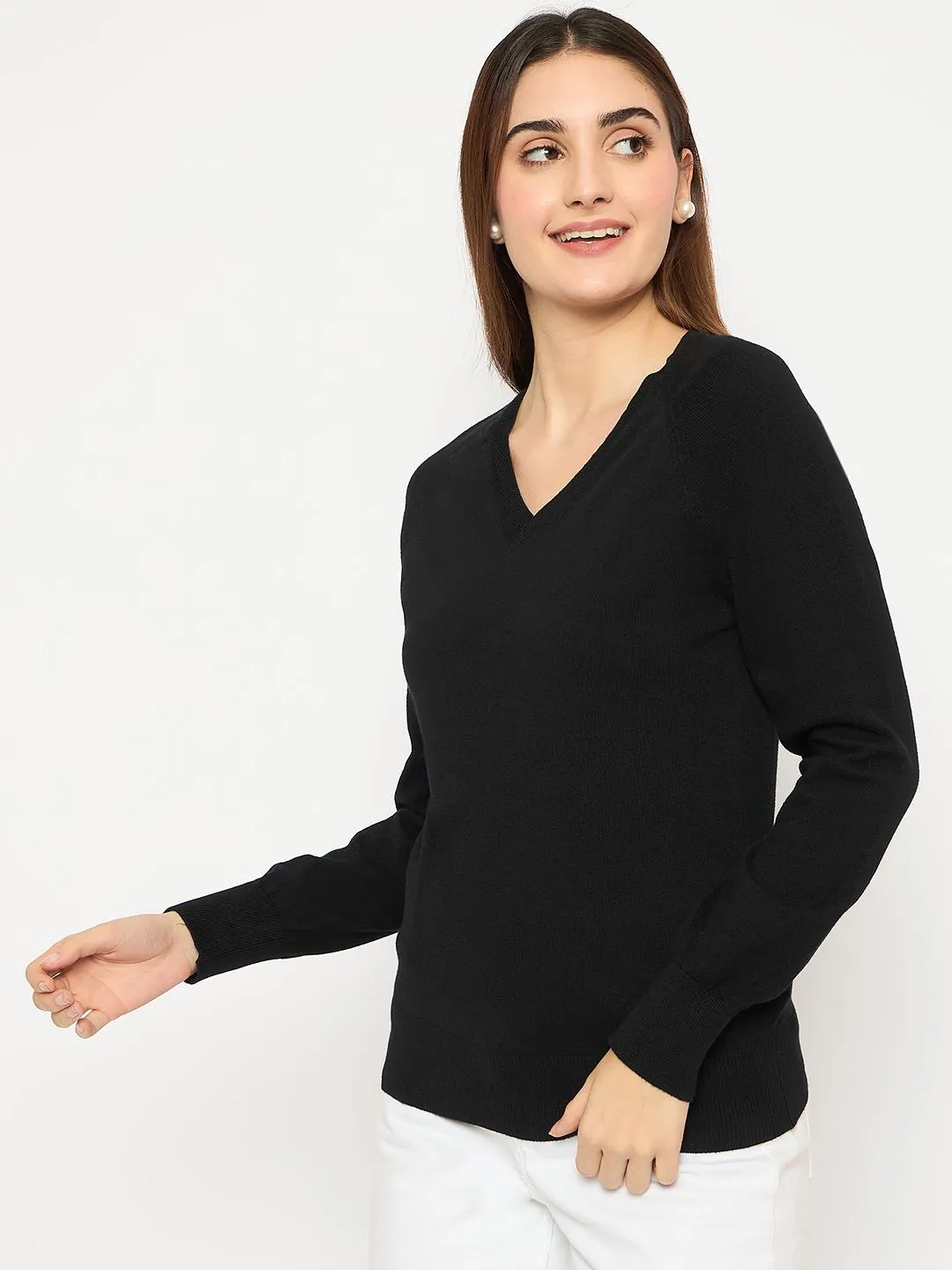 Madame V Neck Skinny Fit Black Sweater Breathable Waistband Cozy and Versatile