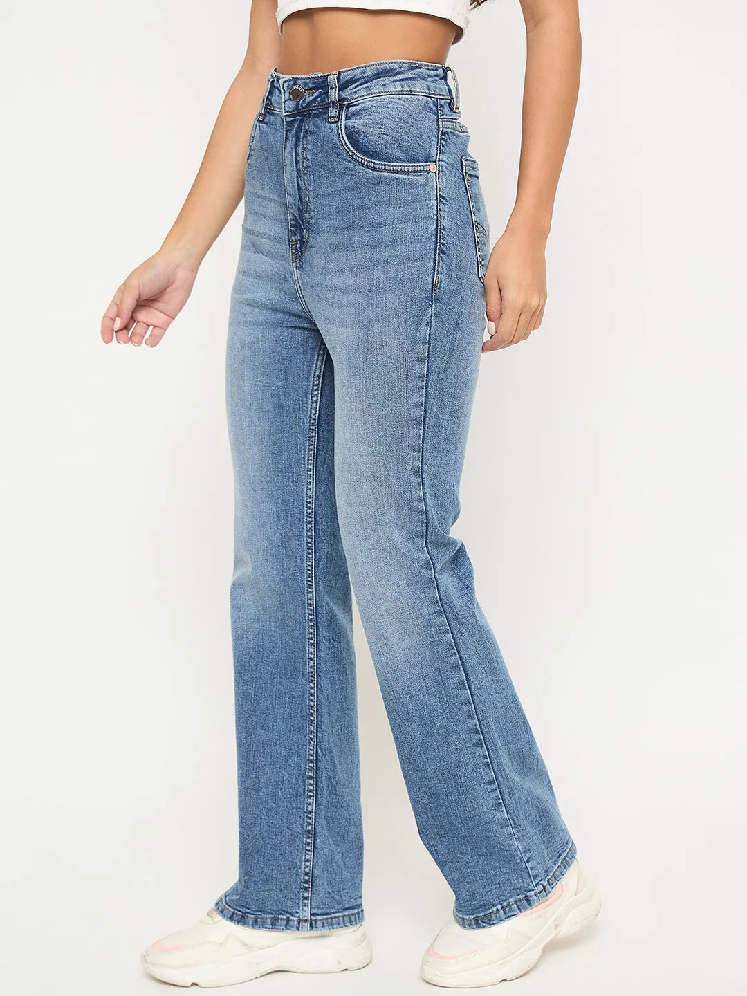 Madame Whiskered Stone Wash Light Blue Jeans Heavy Duty Zipper Mechanism Flattering Style