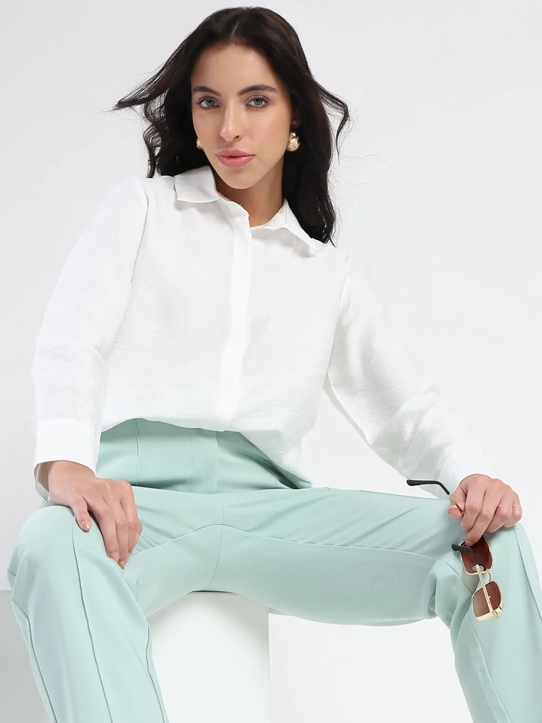 Earthy Palette Madame White Rayon Blend Shirt