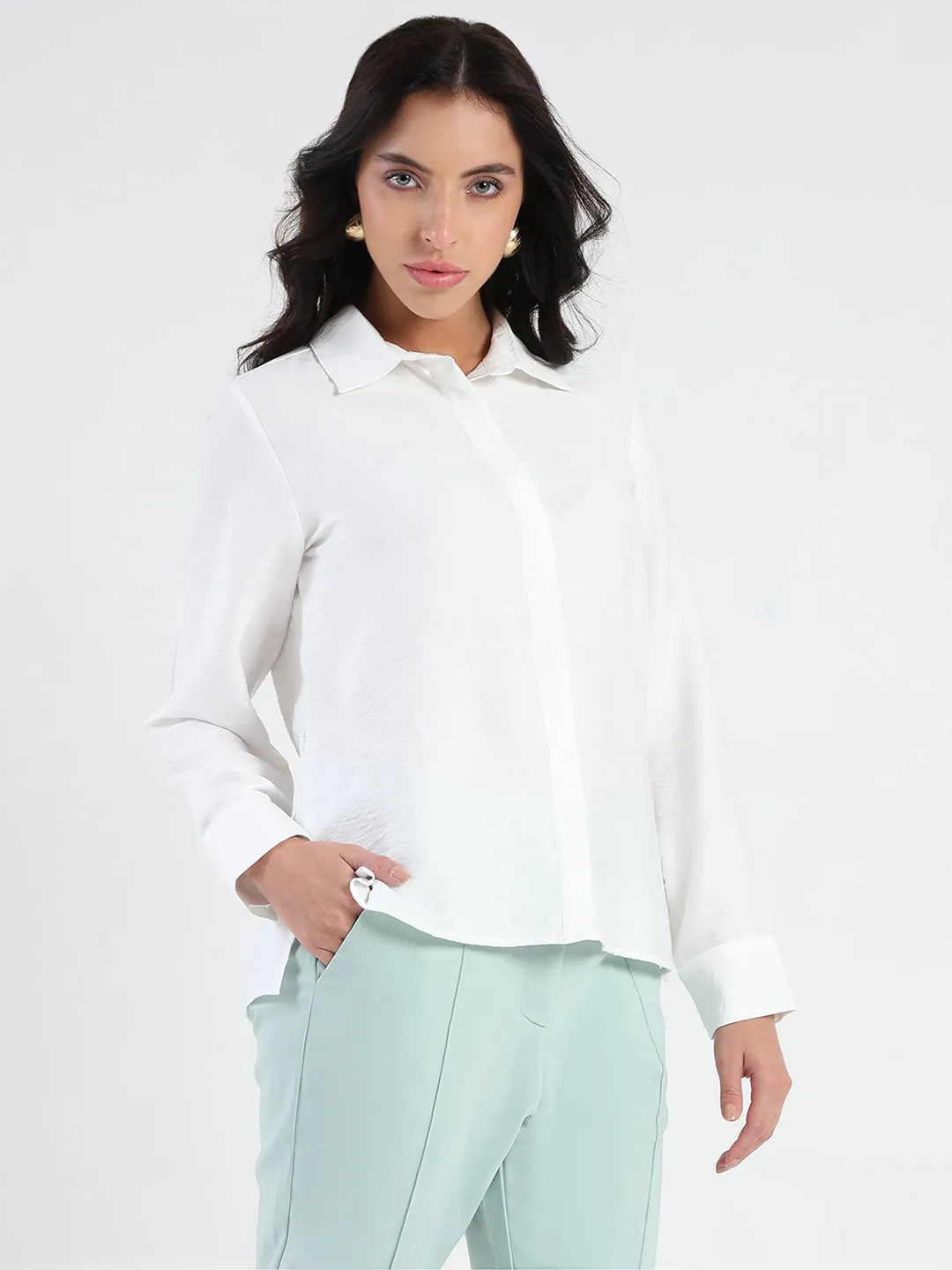 Work From Home Madame White Rayon Blend Shirt