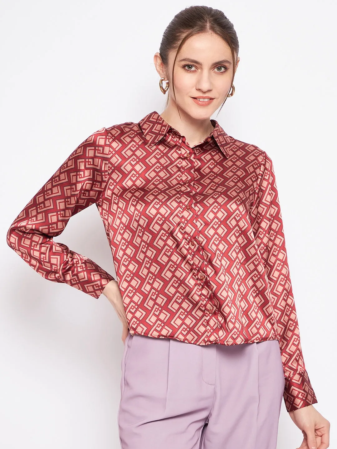 Madame Women Printed Rosewood Shirt Anti Static Lining Cuffed hem
