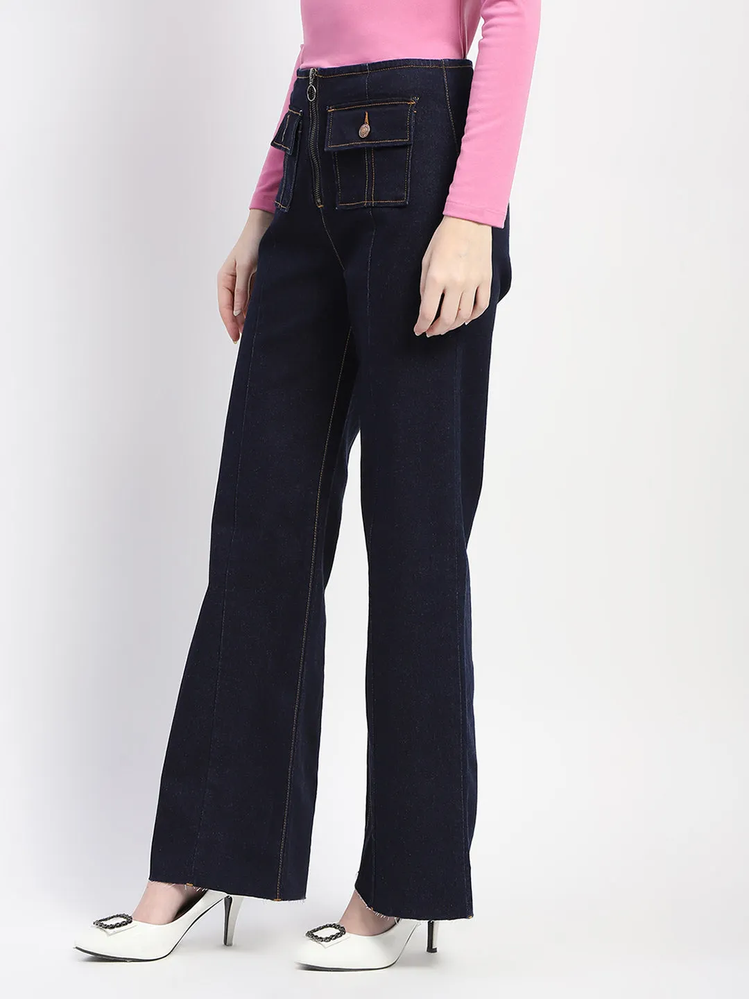 Comfortable Wear Day Off Fit Madame Zipped Flap Patch Flared Carbon Blue Denim