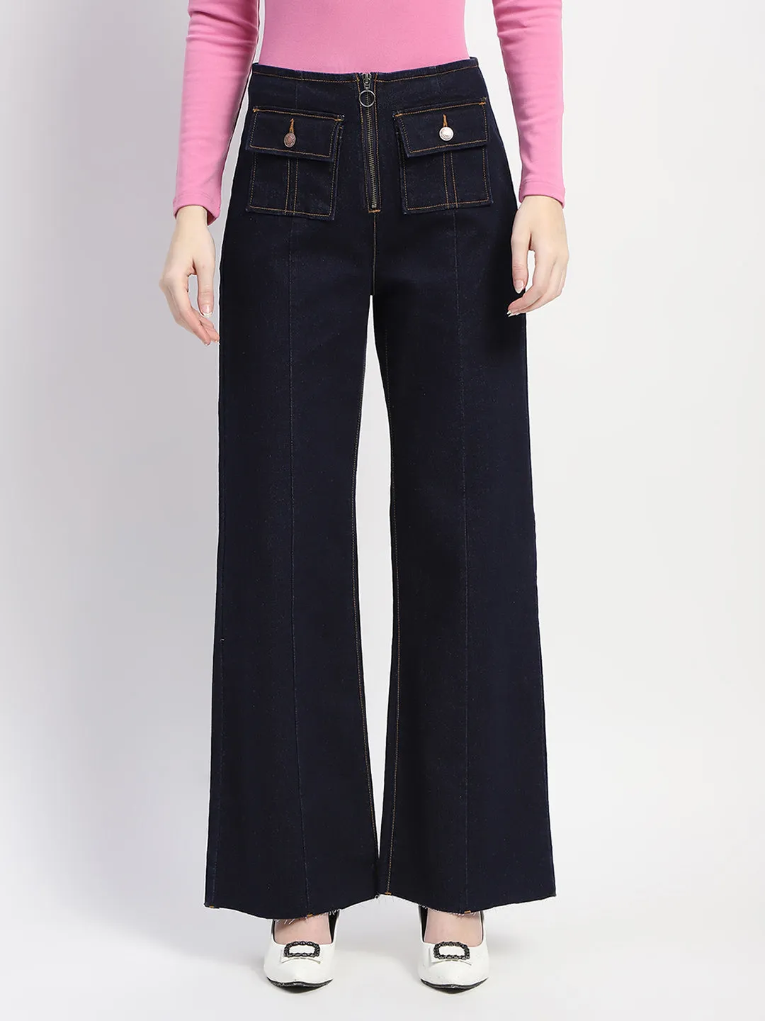 Winter Fashion Earthy Modern Minimalist Office Wear Madame Zipped Flap Patch Flared Carbon Blue Denim