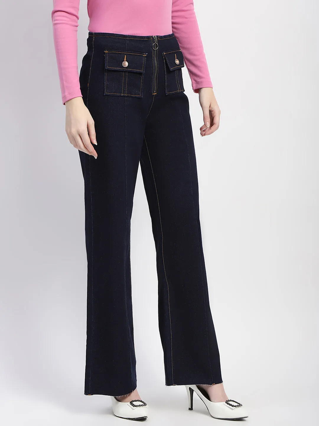 Mid Rise Fit Madame Zipped Flap Patch Flared Carbon Blue Denim