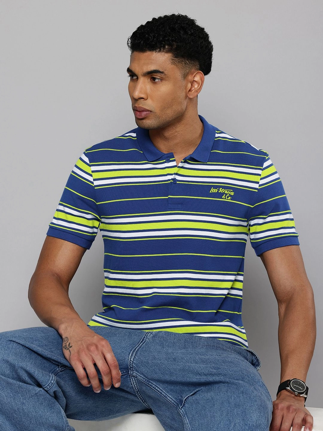 Men's Striped Polo T-shirt Non Restrictive Cuff