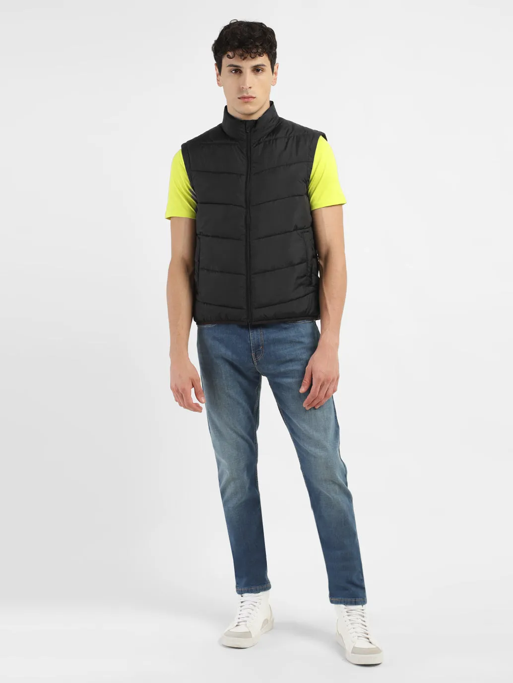 Athletic Tailored Fit Multi Pocket Design Men's Black High Neck Puffer Jackets