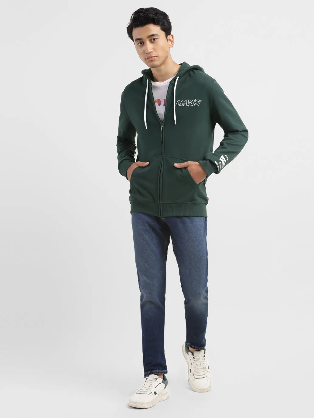Men's Brand Logo Dark Green Hooded Sweatshirt Layered Style product tweed warmth