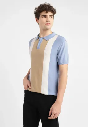 Men's Colorblock Blue Polo Collar Sweater Business Meeting