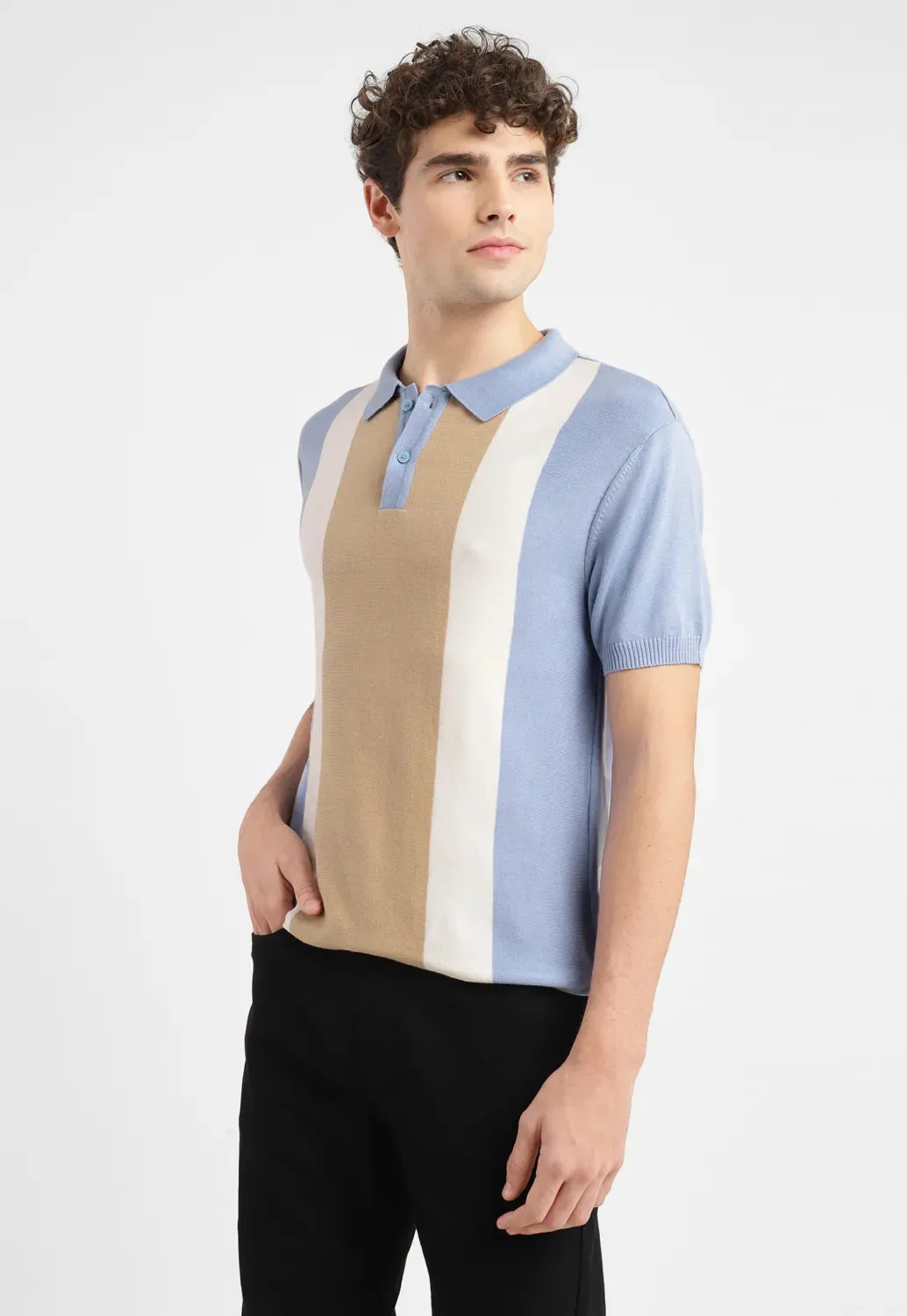 Men's Colorblock Blue Polo Collar Sweater ButtonDown Collar