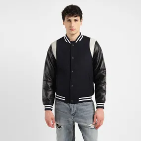 Soft Shell Men's Colorblock Navy Mandarin Collar Varsity Jacket