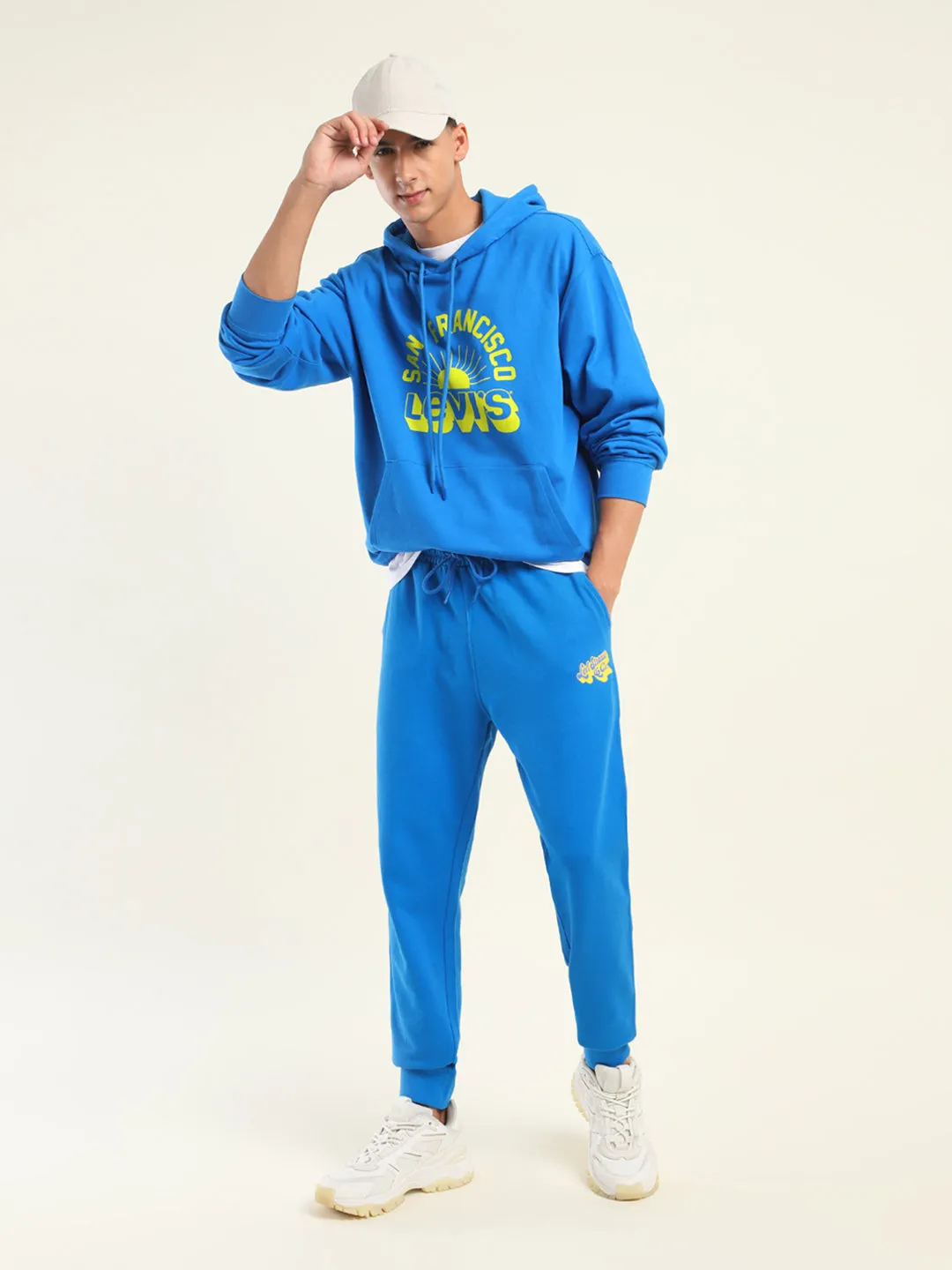 Men's Dark Blue Regular Fit Joggers Distressed finish