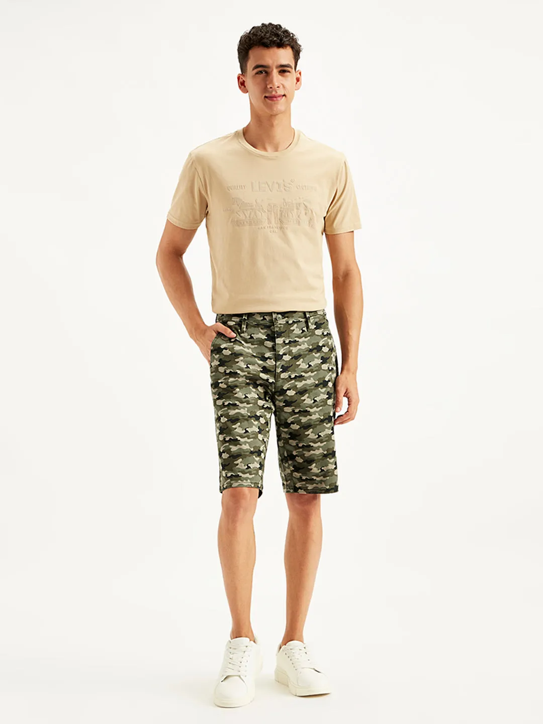 Men's Olive Tapered Chino Shorts Stretch Waist