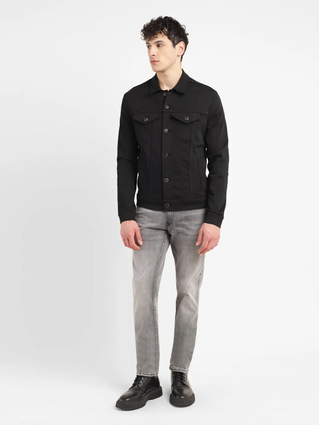 WaterRepellentFabric Men's Redloop Solid Black Spread Collar Denim Trucker Jacket