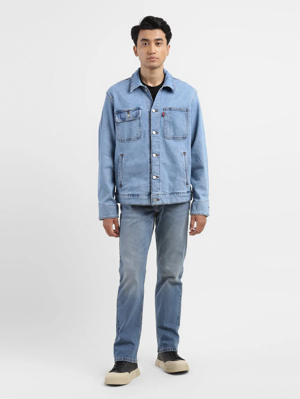 Glow In Dark Trims TapedZippers Men's Solid Blue Collar Neck Denim Jacket