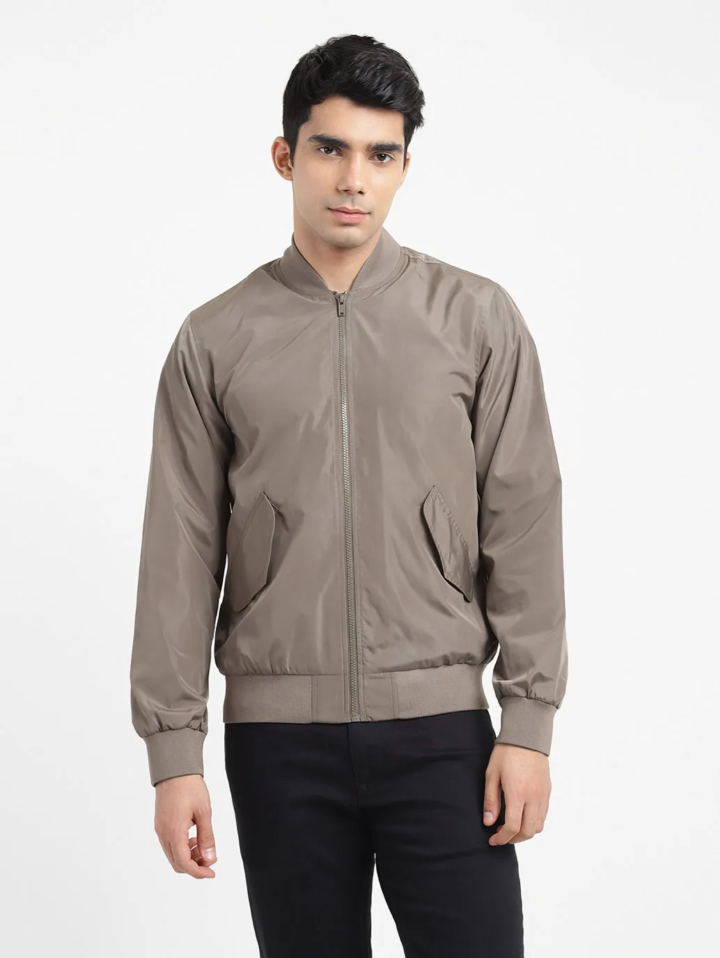 Men's Solid Collar Neck Bomber Jacket Reflective Detailing