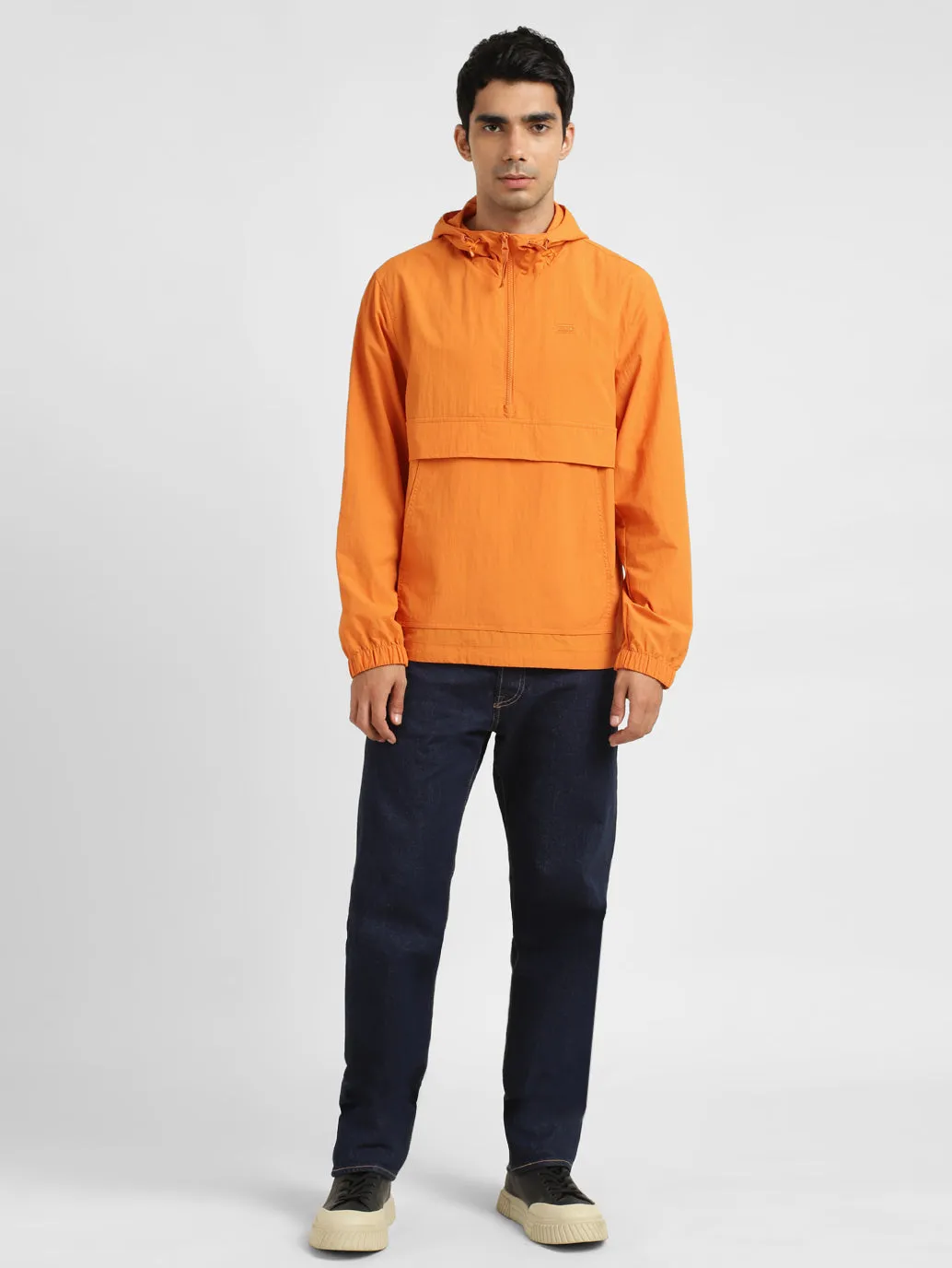 Runway Inspired Abrasion Resistant Edges Men's Solid Orange Hooded Tailored Jacket