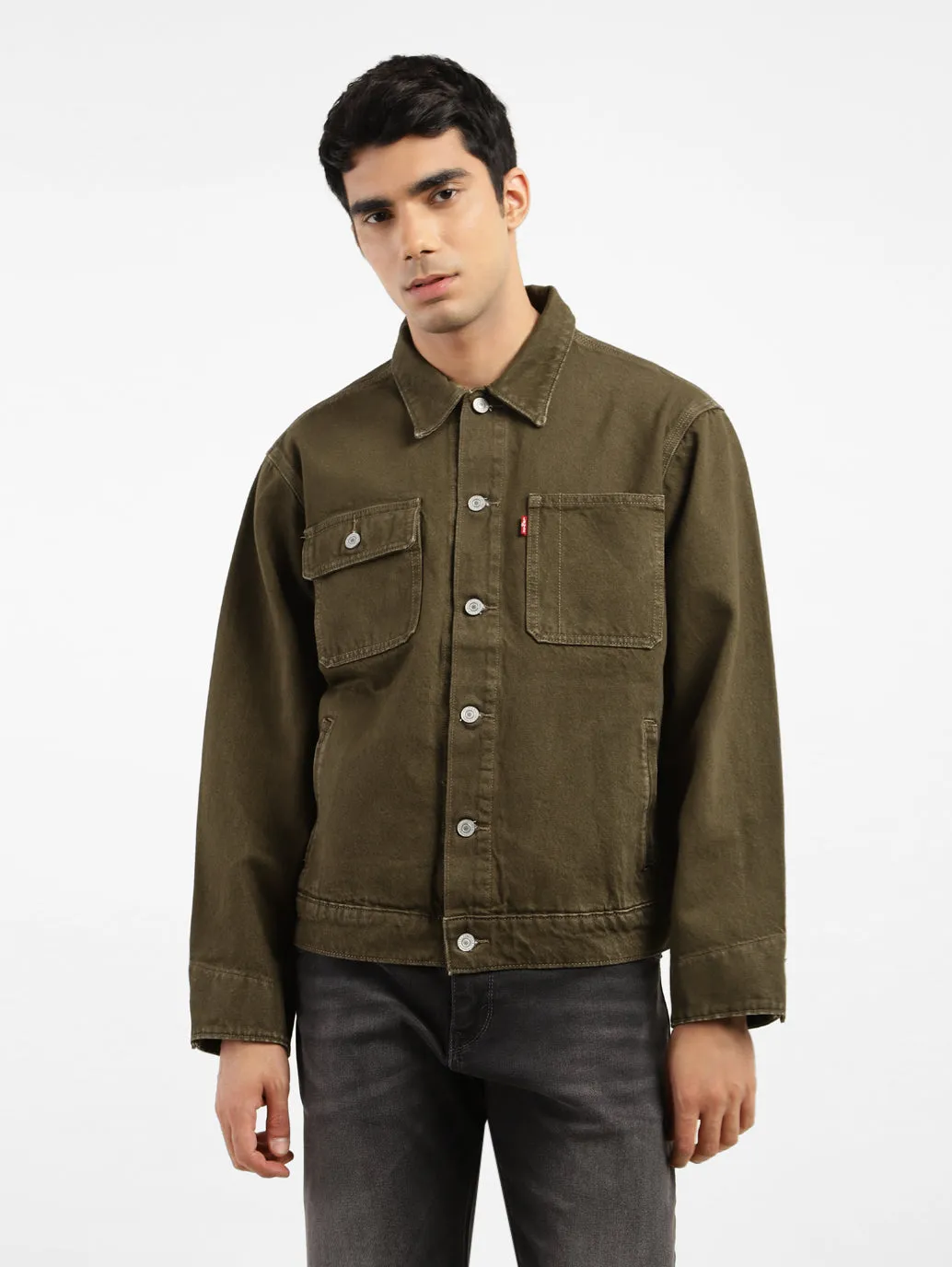 Men's Solid Spread Collar Denim Jacket RibbedTrims