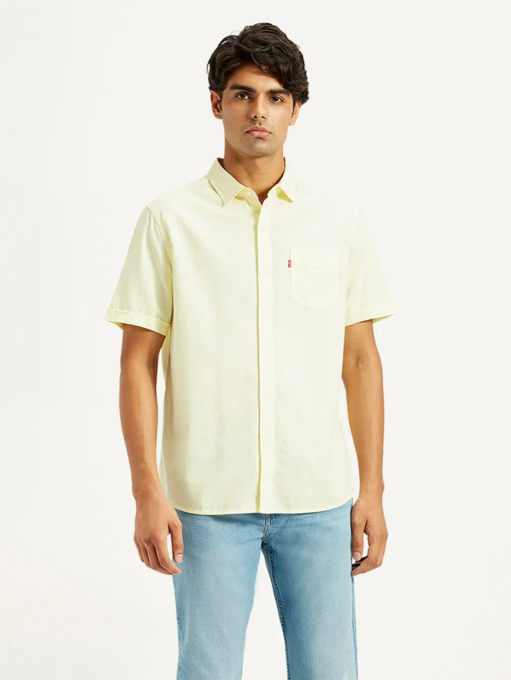 Men's Solid Yellow Spread Collar Shirt Sustainable Weave Casual Elegance