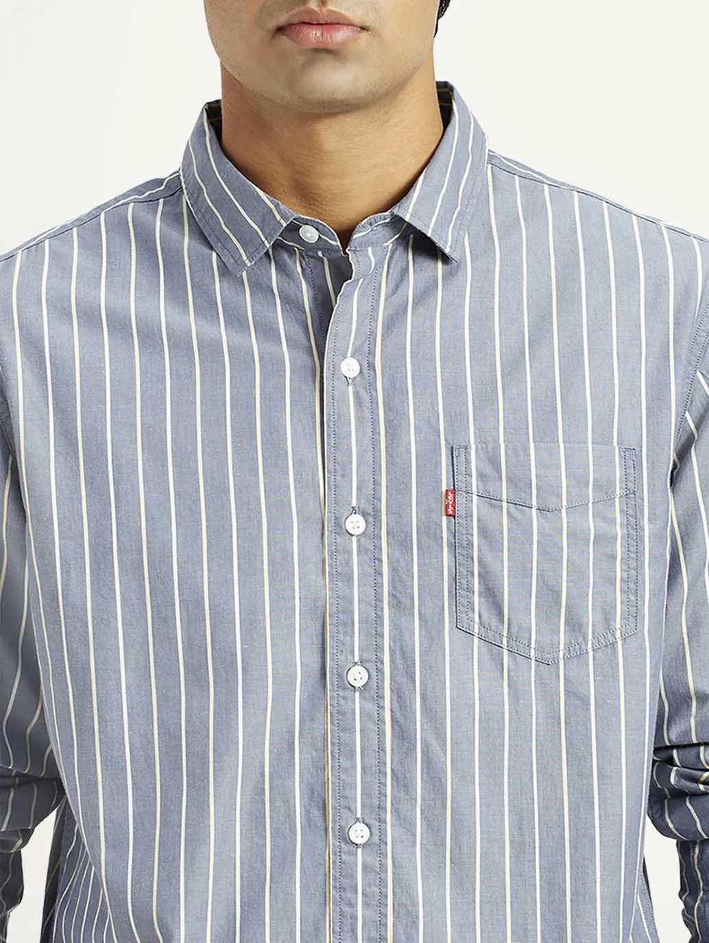 Creative Professional Asymmetrical Cut Men's Striped Blue Slim Fit Shirt
