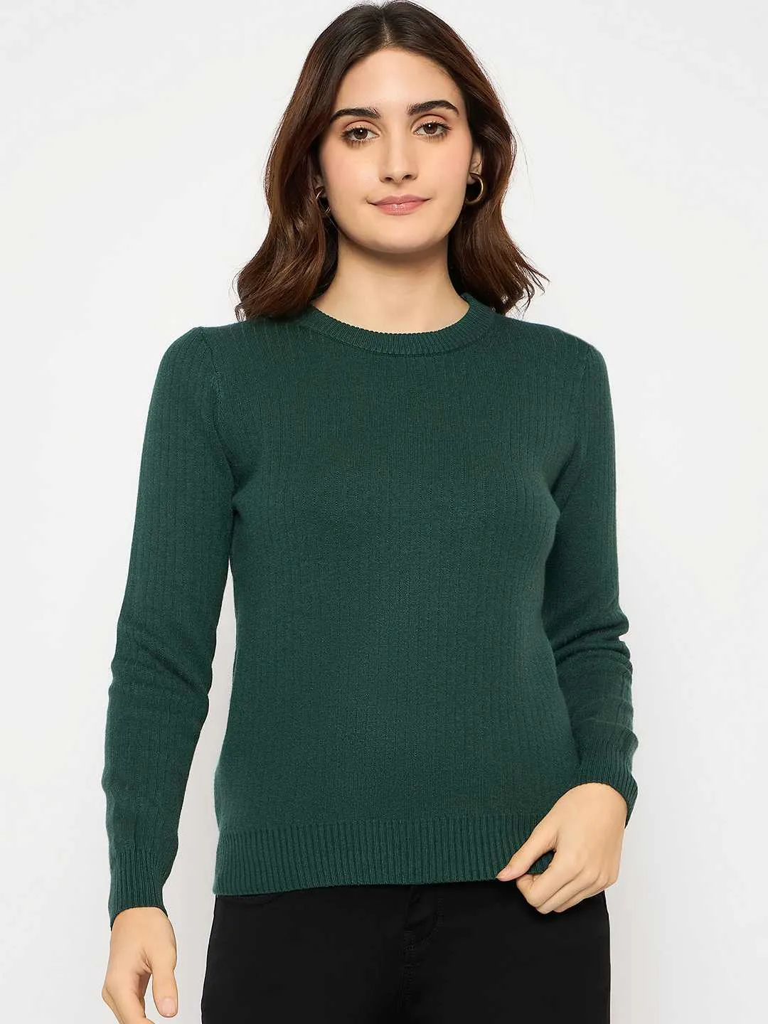 Madame Ribbed Cuffs Round Neck Bottle Green Sweater Everyday Comfort Anti Snag Fabric