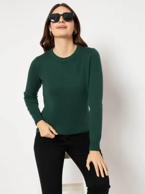 Cozy Design Fit Madame Ribbed Cuffs Round Neck Bottle Green Sweater