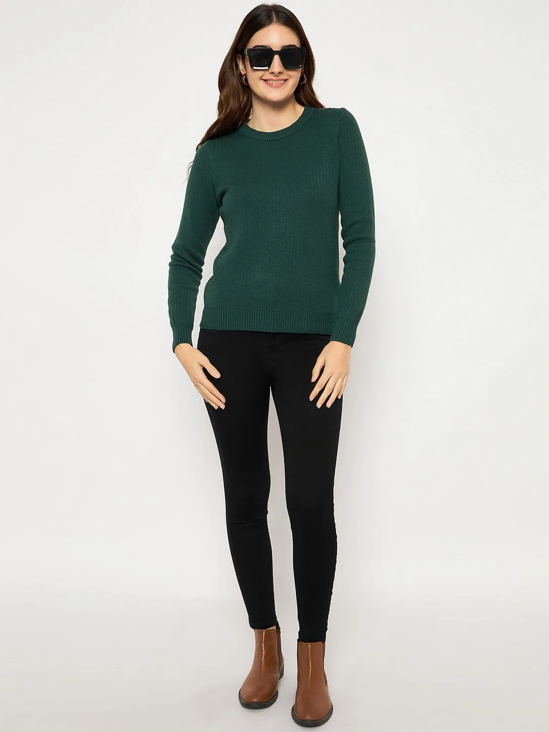 Light Fit Design Flexible Drop Shoulder Madame Ribbed Cuffs Round Neck Bottle Green Sweater