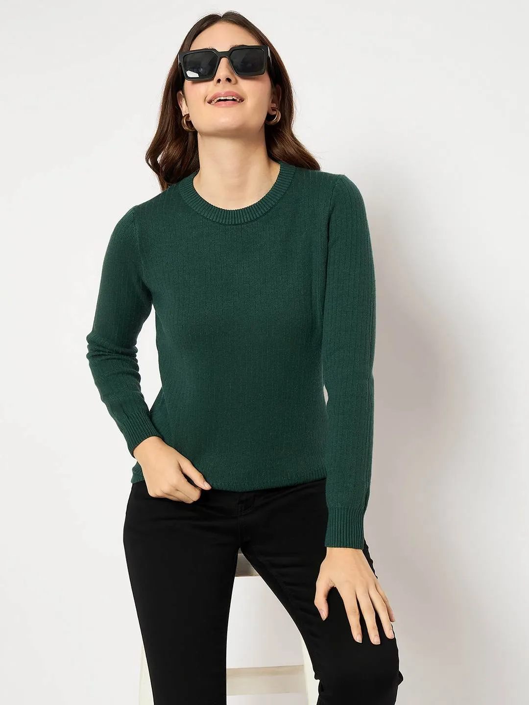 Cozy Design Fit Madame Ribbed Cuffs Round Neck Bottle Green Sweater