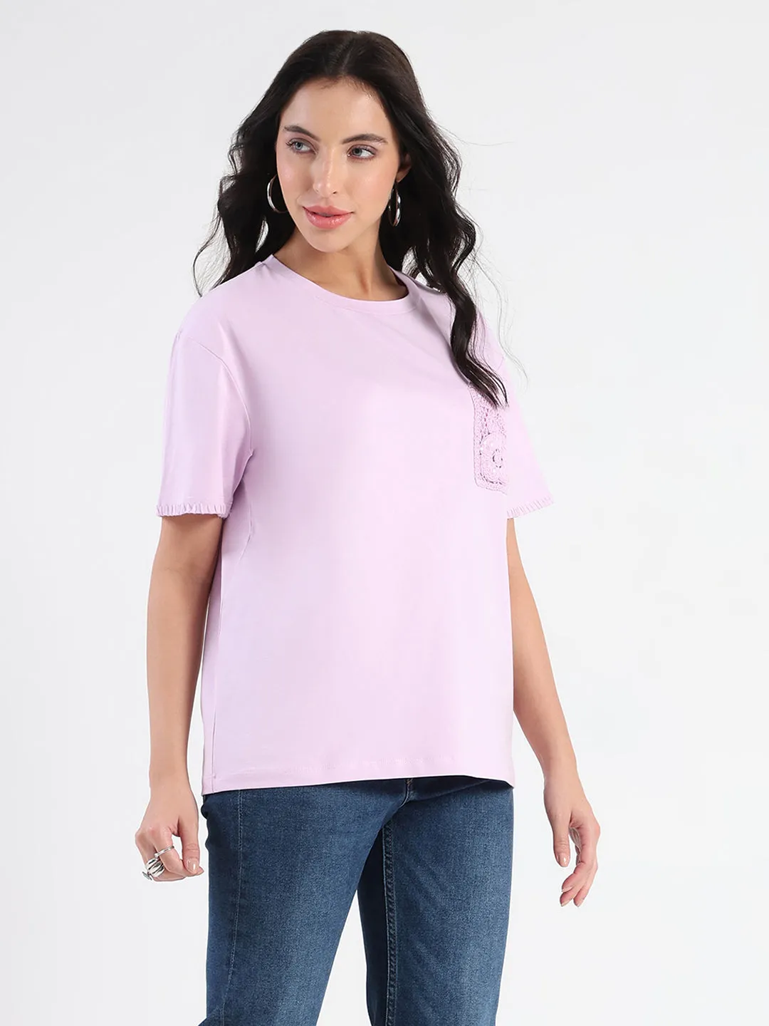 Double Stitched Seams Sport Layer Fit Madame Pocket Detailed Solid Mauve Cotton Blend T-shirt