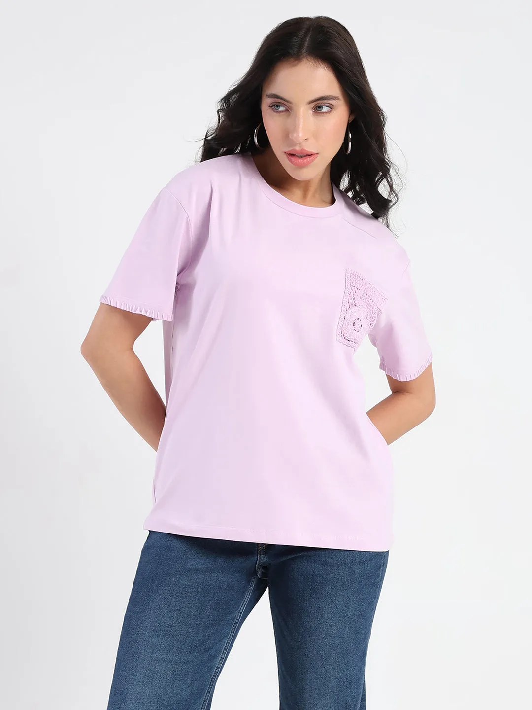 Ribbed collar Madame Pocket Detailed Solid Mauve Cotton Blend T-shirt