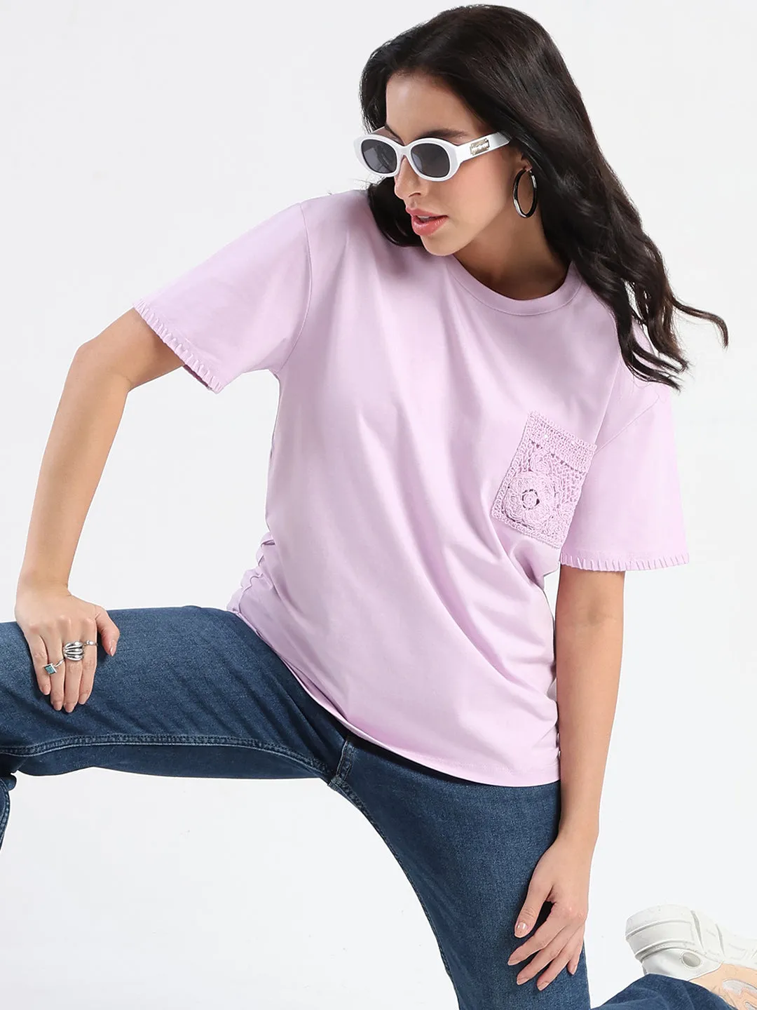 Madame Pocket Detailed Solid Mauve Cotton Blend T-shirt Timeless and Chic