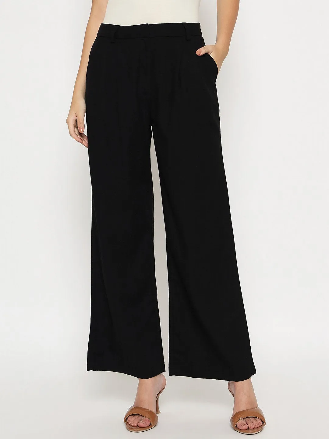 Sleek and Soft Breathable fabric Madame Cotton Blend Black Wide Leg Trousers