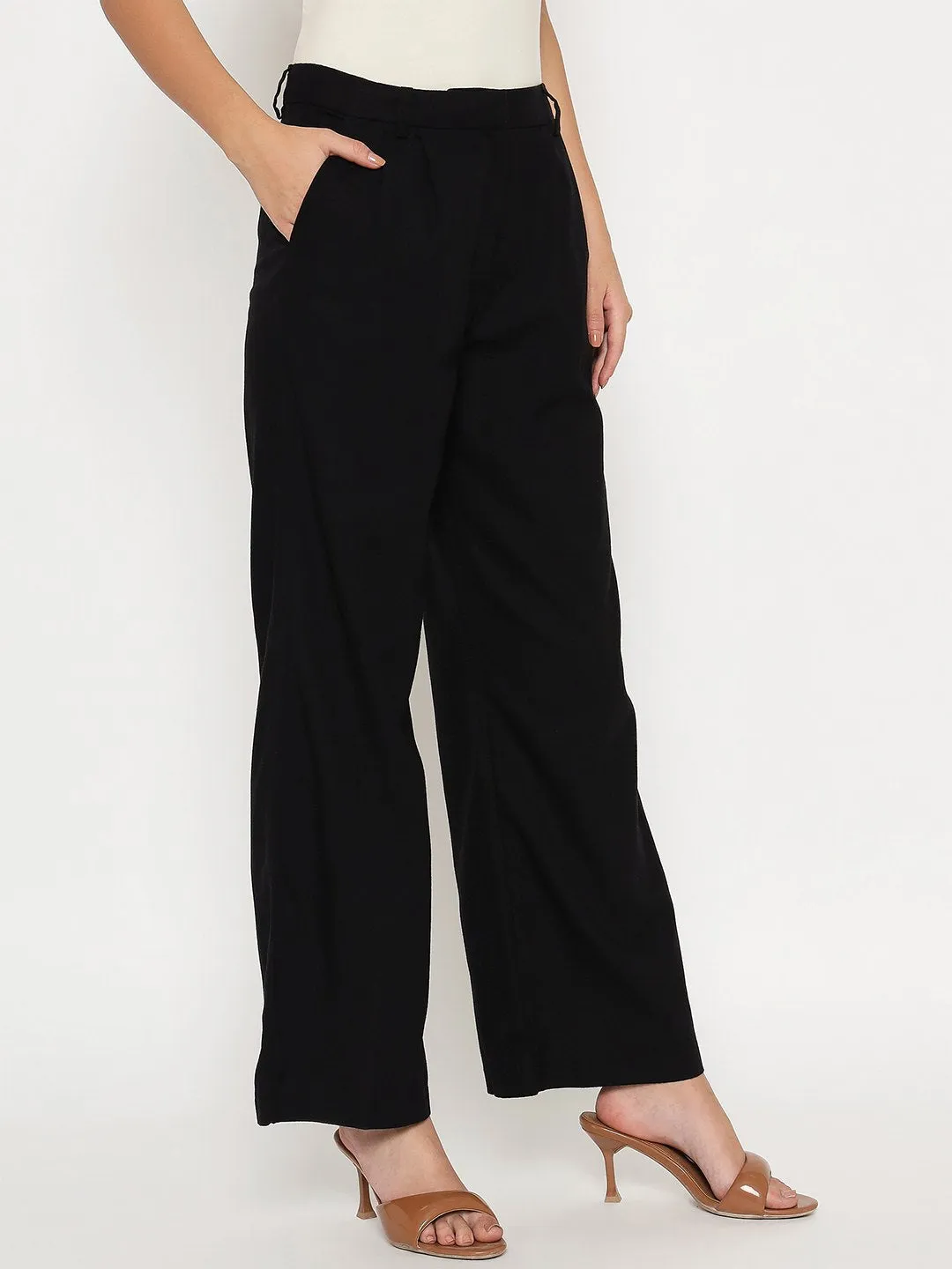 Madame Cotton Blend Black Wide Leg Trousers Minimal Design