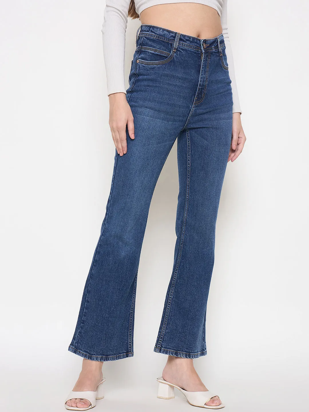 Minimalist Traveler Gear Bold Look Madame Stone Wash Dark Blue Whiskered Flared Denim Jeans