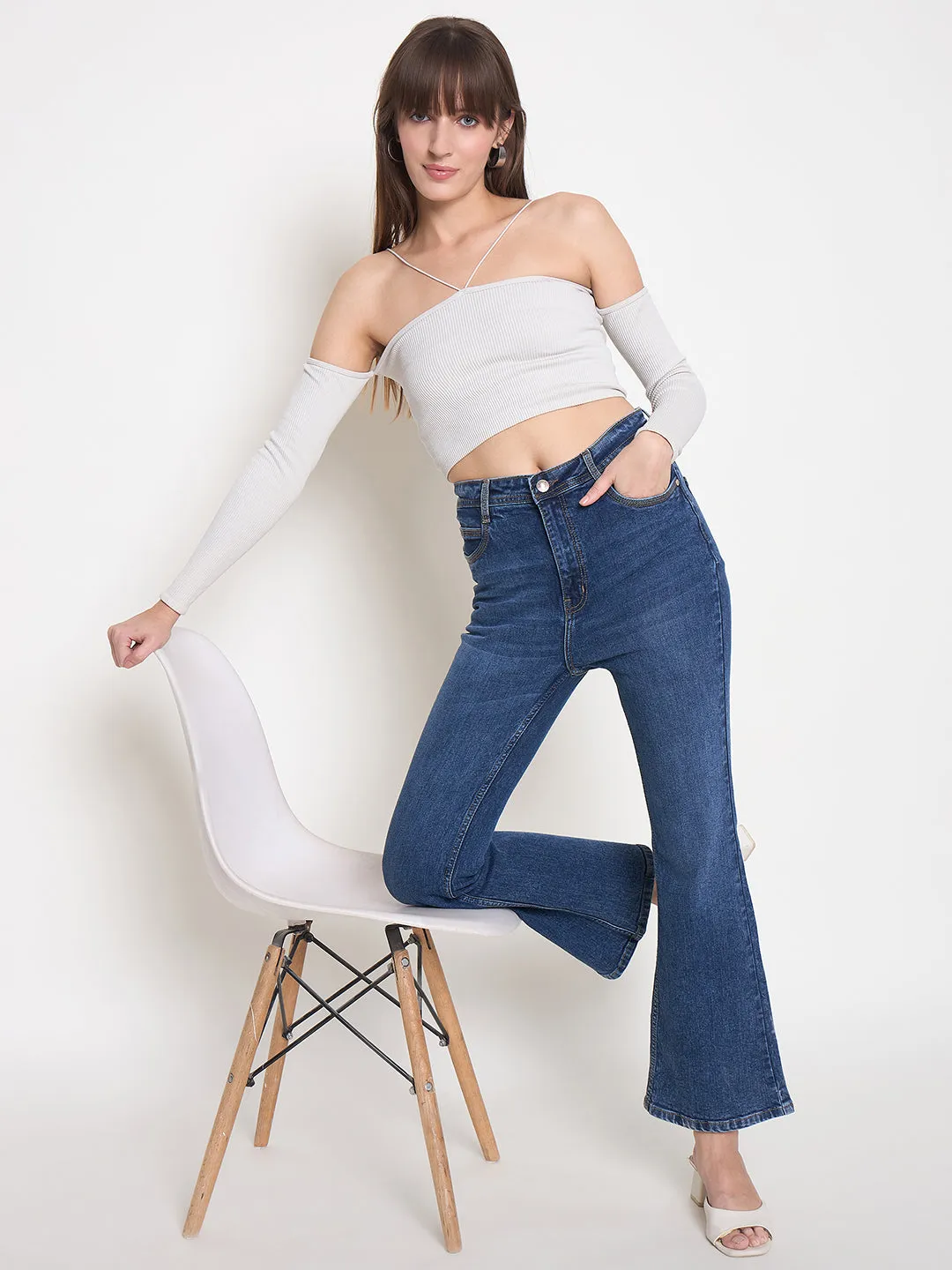 Casual Design Soft Stretch Madame Stone Wash Dark Blue Whiskered Flared Denim Jeans