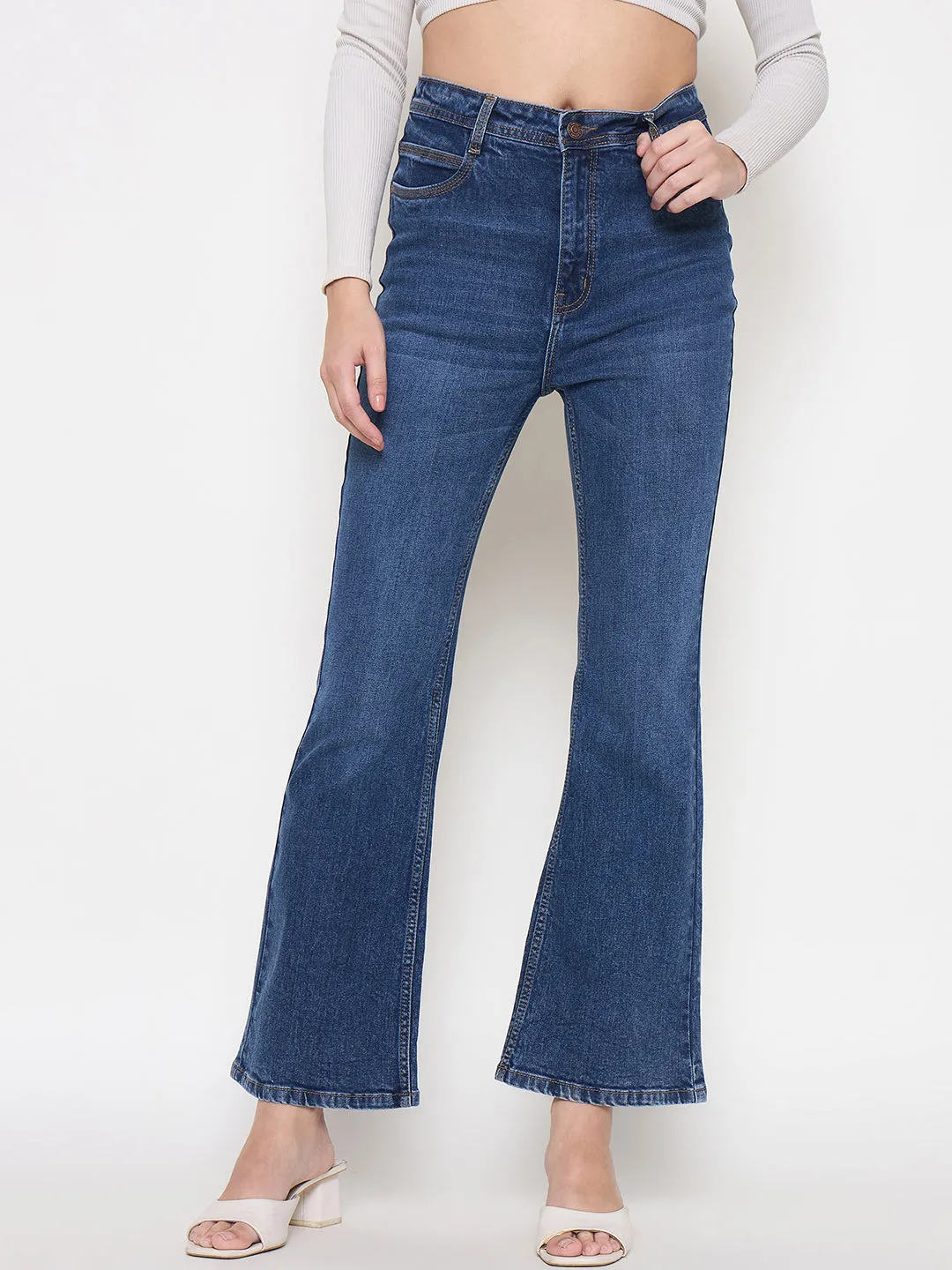 Versatile Relaxed Style Madame Stone Wash Dark Blue Whiskered Flared Denim Jeans
